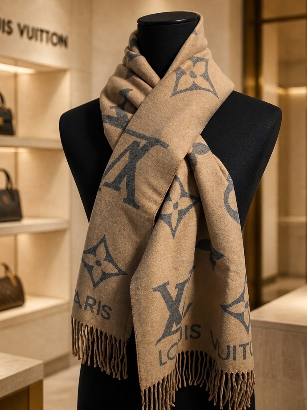 Louis Vuitton Shawl Scarf Wrap Large LV Logo Silk Cashmere Blend Authentic